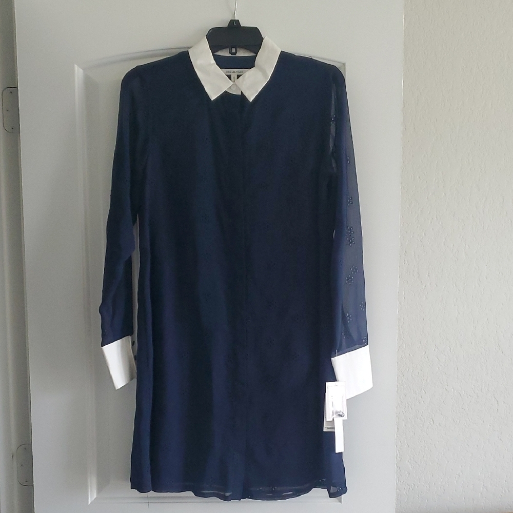 Navy Blue Long Sleeve Dress with White Collar and Cuffs